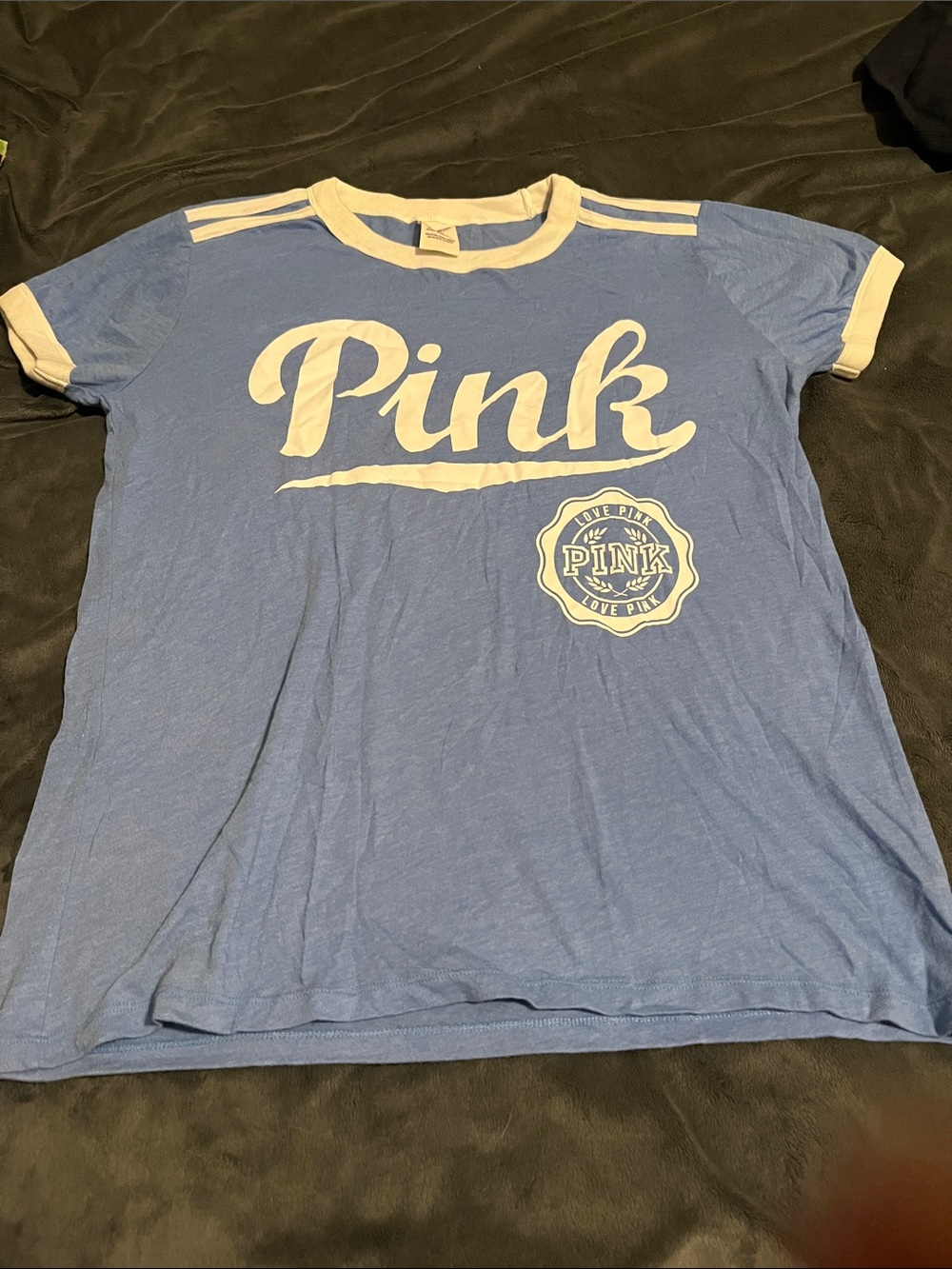VS PINK Blue Graphic Ringer Tee with White Logo
